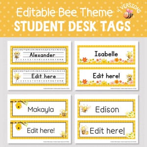 HONEY BEE DESK Name Tags, Editable Bee Theme Desk Name Plates, Classroom Honey Bee Labels, Bee Theme Classroom Decor, Primary or Preschool