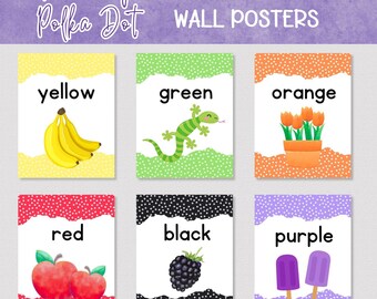 KLEURENPOSTERS voor de klas Heldere polkadot, afdrukbare muurposters in kleur, polkadot-kleurenkaarten voor basisonderwijs, decor thuisschoolklas