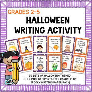 ATIVIDADE DE ESCRITA DE OUTUBRO, Inícios de histórias de Halloween para imprimir, Sugestões de escrita divertidas para o ensino fundamental, Cartões de escrita criativa + Pacote de papel pautado