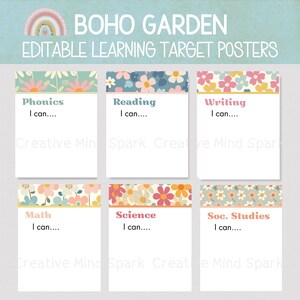 May include: Six printable posters with a boho floral design. Each poster has a different subject: Phonics, Reading, Writing, Math, Science, and Social Studies. The posters have a space to write "I can..." and list learning goals.