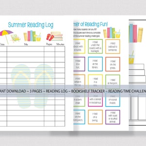 Op de afbeelding: Een printbaar zomerleeslogboek met een strandthema. Het logboek bevat een plek om de datum, titel, gelezen pagina's en minuten die aan lezen zijn besteed bij te houden. Er is ook een boekenplanktracker met een leesuitdaging.
