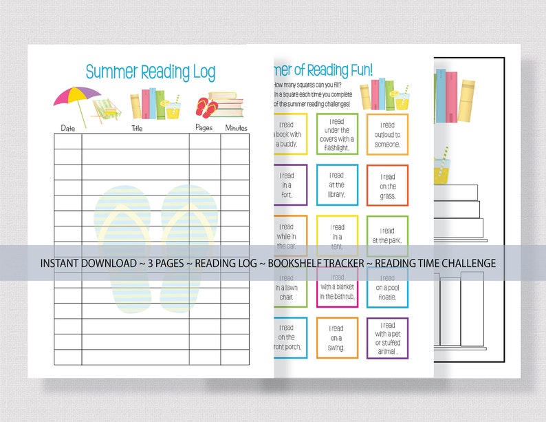 Op de afbeelding: Een printbaar zomerleeslogboek met een strandthema. Het logboek bevat een plek om de datum, titel, gelezen pagina's en minuten die aan lezen zijn besteed bij te houden. Er is ook een boekenplanktracker met een leesuitdaging.