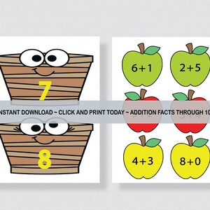 Op de afbeelding: Printbare werkblaadje met twee manden en zes appels. Elke appel heeft een optelsom erop geschreven. De manden hebben de nummers 7 en 8 erop geschreven. De tekst "INSTANT DOWNLOAD - CLICK AND PRINT TODAY - ADDITION FACTS THROUGH 10" staat onderaan de pagina.