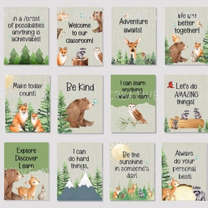 May include: Set of 12 printable classroom posters featuring woodland animals and inspirational quotes. The posters have a green background with white text and illustrations of animals like foxes, bears, owls, deer, and raccoons.