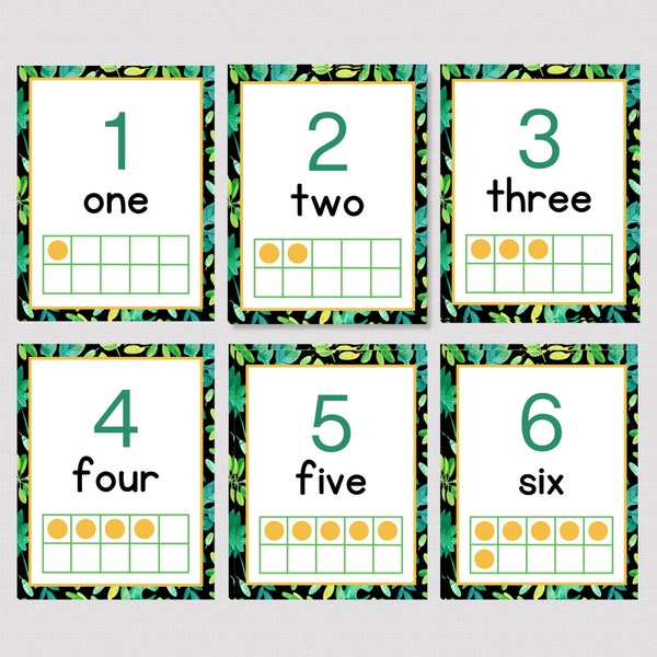 PRINTABLE JUNGLE NUMBER Posters, Jungle Theme Numbers 1-20 Classroom Posters With Tens Frames, Safari Adventure Classroom, Homeschool Decor