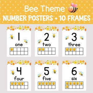 Pósters imprimibles con temática de abejas, pósteres de números del 1 al 20 para el aula, decoración de abejas para el aula de primaria, decoración para el aula de educación en casa