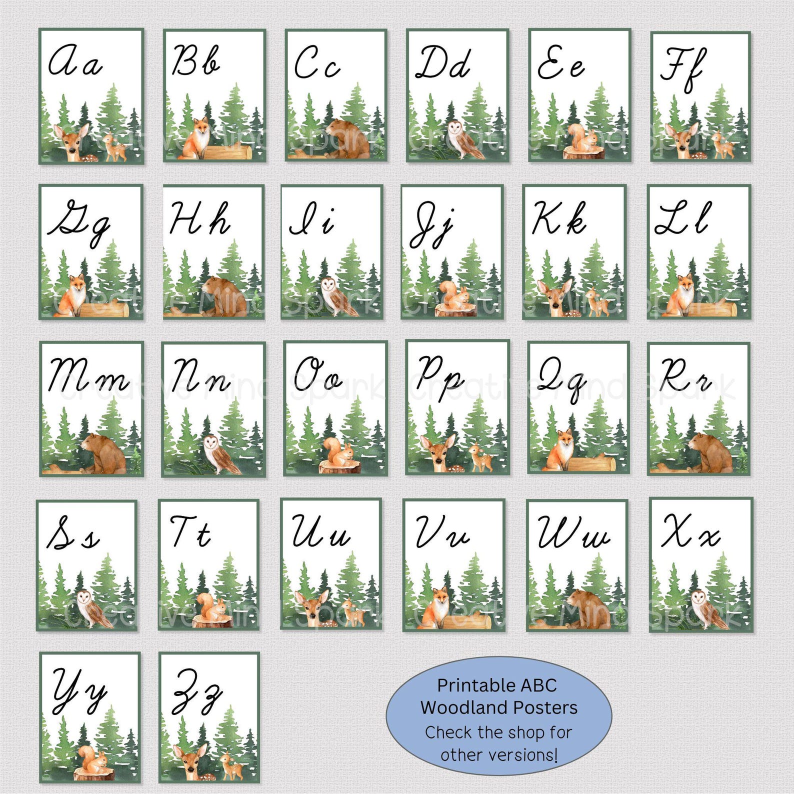 CURSIVE WOODLAND ALPHABET Posters, Printable Nature Cursive Alphabet ...