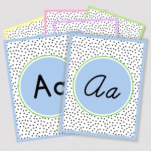 PASTEL COLORS Printable Alphabet Posters, Cursive and Manuscript Classroom Alphabet Posters, Black and White Polka Dot Alphabet, Class Decor