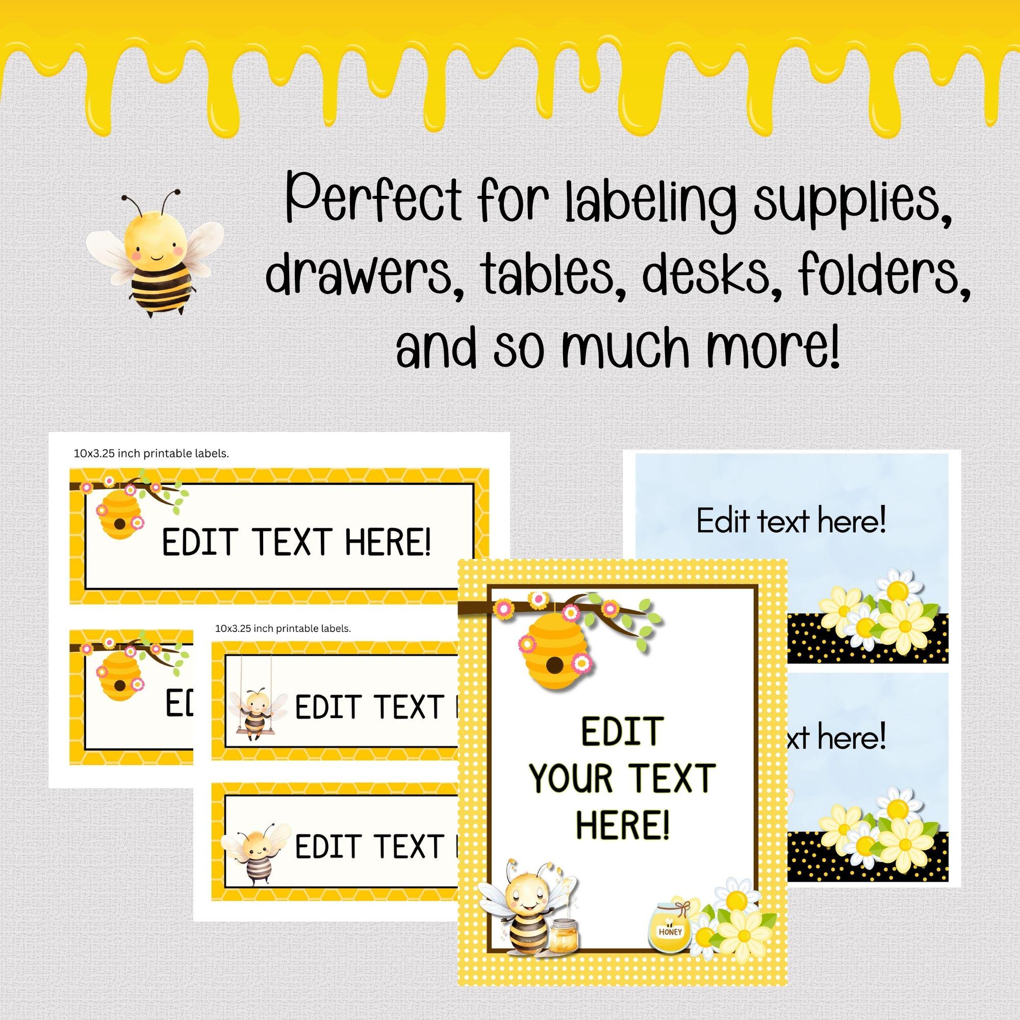 BEE THEME CLASSROOM Labels and Tags, Large Set of Editable Bee Labels ...