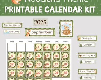 WOODLAND CLASSROOM CALENDAR, Printable Woodland Theme Calendar Bulletin Board Set, Morning Circle Classroom Decor, Homeschool Class Decor