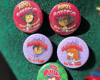 Juegos de matemáticas geniales de Papa Pizzería Panadería Scooperia Merchandising insignias pines de hojalata chaleco de batalla y2k nostálgico chica fuego chico agua Freezeria Pancakeria