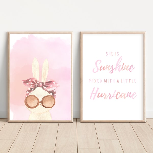 She Is Sunshine Mixed With A Little Hurricane Pink Boho Bunny Nursery Print Bunny Rabbit Painting Toddler Girl Bedroom Prints Sassy Girl