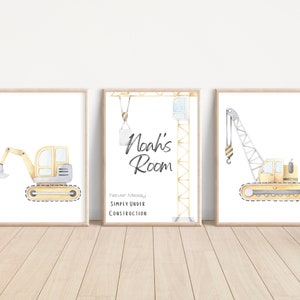 Set of 3 Personalised Construction Vehicle Wall Prints, Little Boy Truck Prints, Boy Nursery, Bedroom, Watercolor Construction Set, DIGITAL