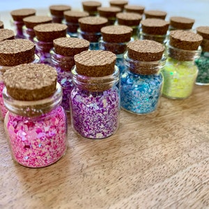 8 Mini Glitter Glass Bottles, Small Fairy Dust Jars, Resin Craft