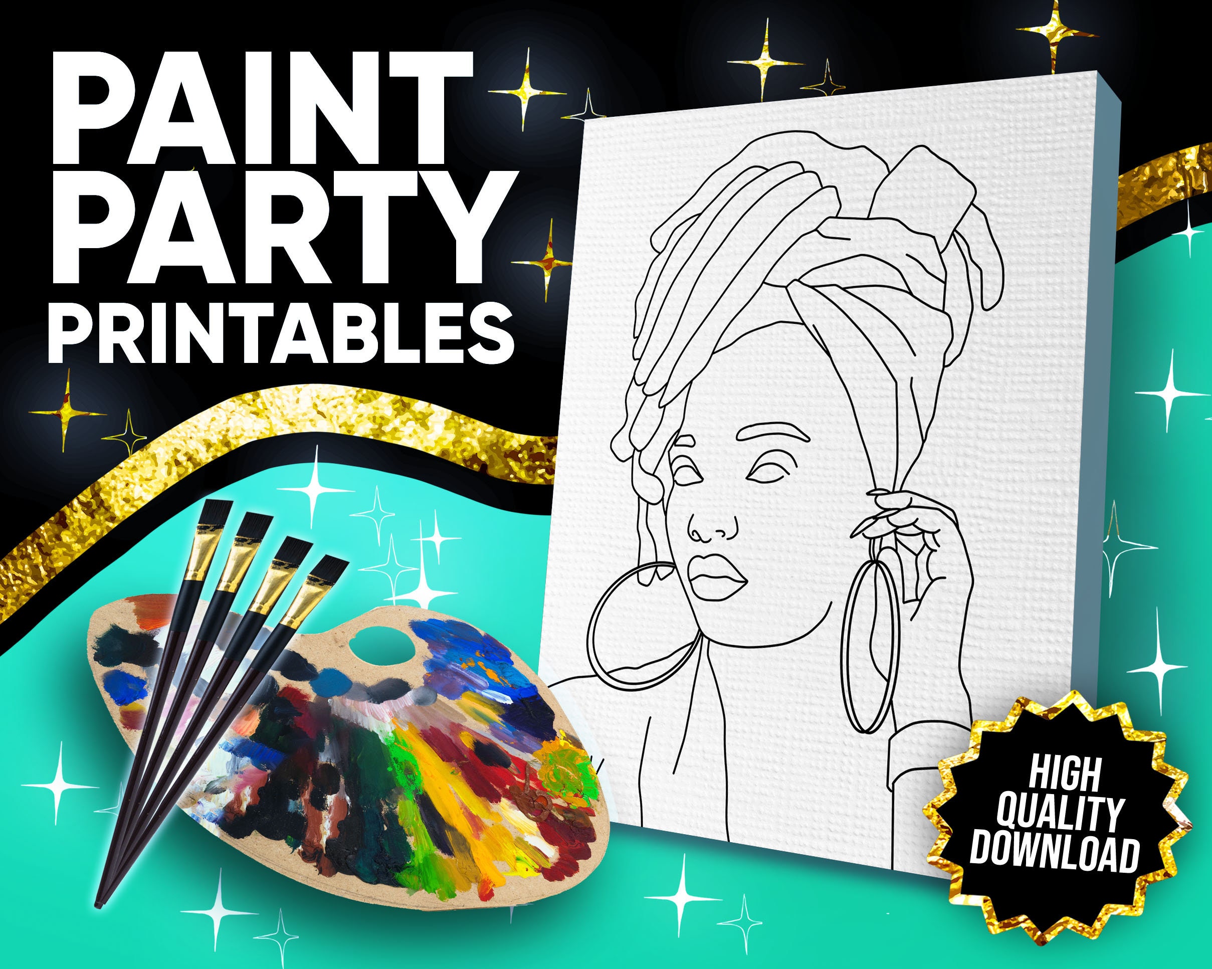 Paint & Sip DIY Party Kit/ Pre Drawn/canvas/adult Painting/ at Home Kit,  Gift for Her Black Woman Afro Goddess Gold Dress 8 X 10 