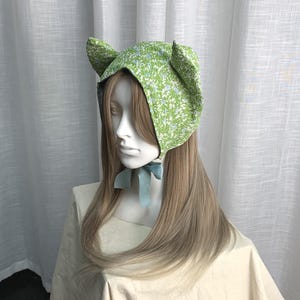 Handmade Green Floral Devil Hat Bonnet Cute Coquette Cat Ear Cap Gift
