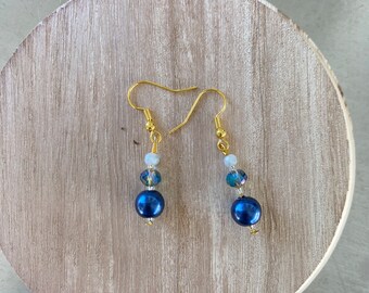 Blue Beaded Gold Dangle Earrings