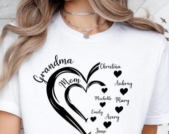 Custom Grandma Shirt, Personalized Mom Shirt, Shirt with Kids Names, Gift for Mom Mama, Grandma Mama Heart Shirt