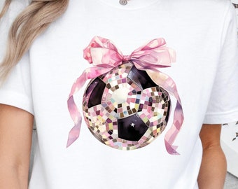 Coquette Soccer Pink Bow Shirt, Soft Girl Clothing, Cute Soccer Tee, Coquette Gift, Soccer Mom Shirt, Game Night T-Shirt, Soccer Apparel