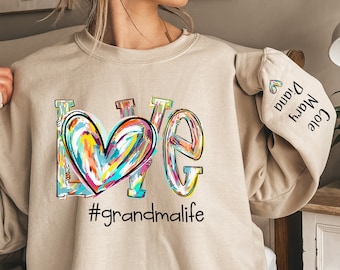Sudadera personalizada "Love Grandma Life", suéter "Grandma Life" personalizado con nombres de nietos en la manga, "Love Grandma Life" personalizado para niños en la manga.