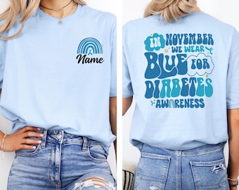 Camiseta personalizada "En noviembre vestimos de azul para la concientización sobre la diabetes", camiseta de concientización con lazo azul