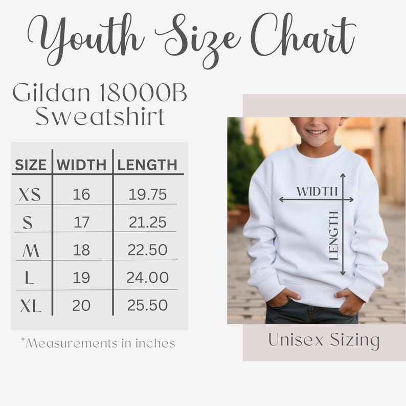May include: A white Gildan 18000B sweatshirt with a youth size chart. The chart shows measurements in inches for sizes XS to XL. The image also includes the text "Unisex Sizing".