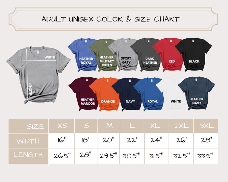 May include: Unisex t-shirt size chart with measurements in inches for width and length. The chart shows different colour options for the t-shirt, including heather royal, heather military green, sport grey, dark heather, red, black, heather maroon, orange, navy, royal, white, and heather navy.
