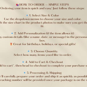 May include: Cream-colored graphic with text: "HOW TO ORDER - SIMPLE STEPS." Instructions include selecting size and color, adding personalization, choosing quantity, adding to cart, and processing/shipping. Decorative sunbursts frame the text.
