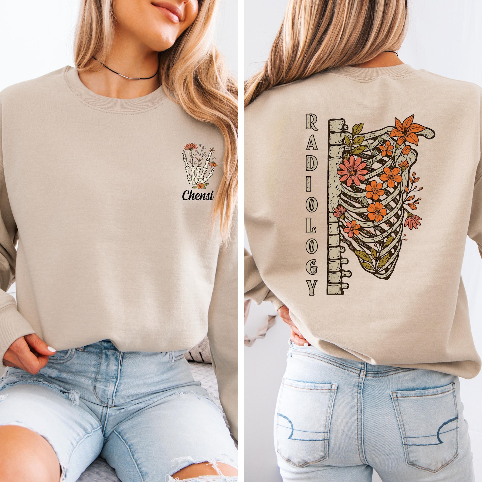 Custom Rad Tech Floral Skeleton Sweatshirt, Radiology Skeleton ...