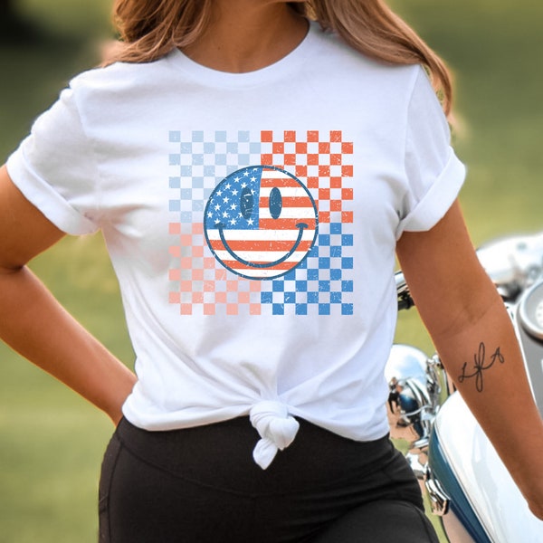 4th of July Shirt, Memorial Day, Flag Shirt, Cute Vintage, Toddler Shirt, Happy Face Checkered Red & Blue, American Day Tshirt