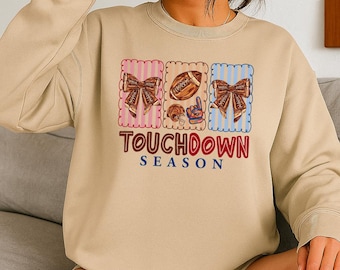 Sudadera bordada Touchdown Season / Sudadera de cuello redondo con lazo de fútbol americano / Sudadera bordada para el día del partido / Coquette Sports / Regalo para aficionados al fútbol americano
