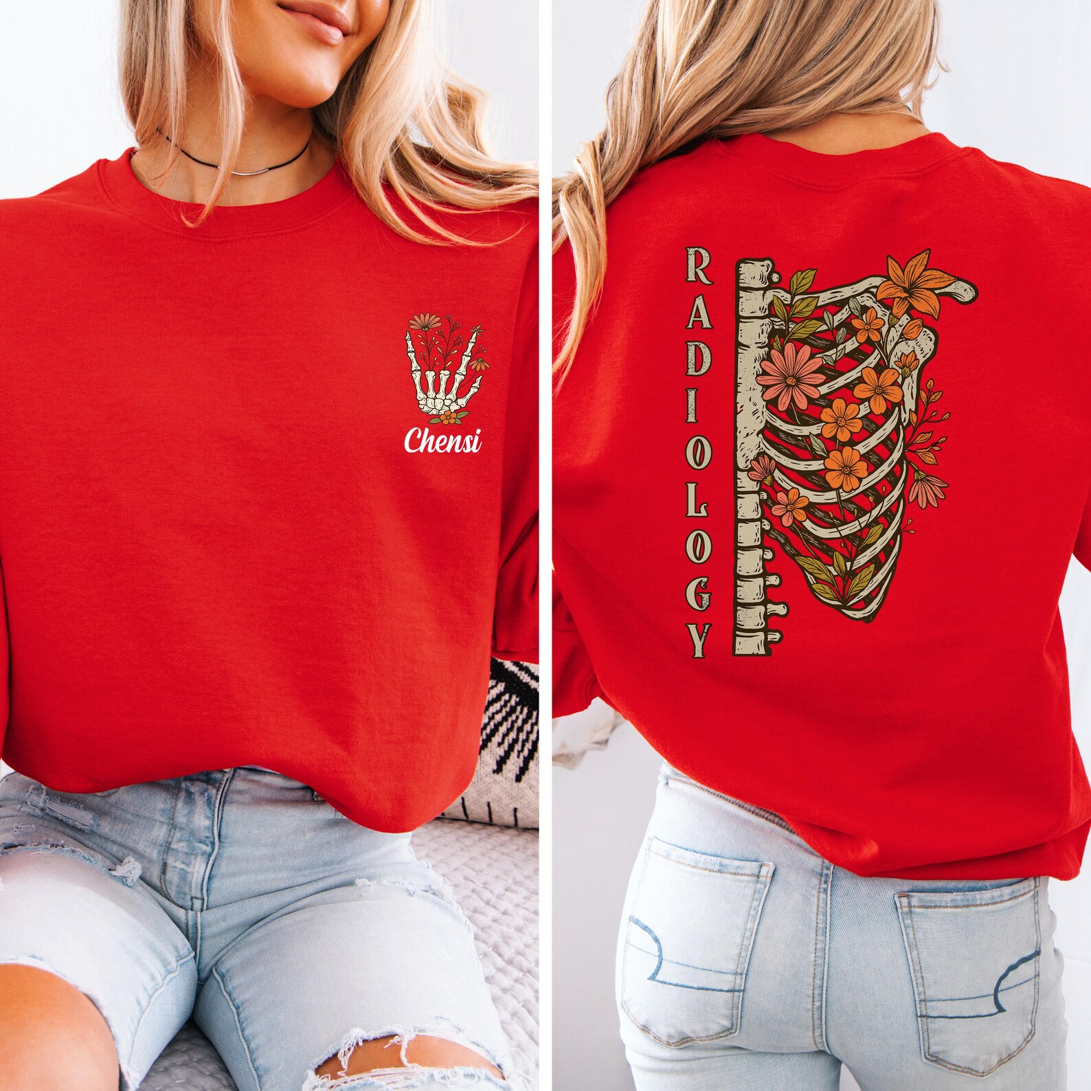 Custom Rad Tech Floral Skeleton Sweatshirt, Radiology Skeleton ...
