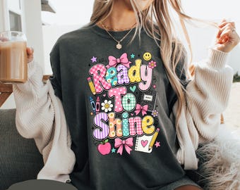 Camiseta Comfort Colors® Ready To Shine para profesores | Camiseta vintage desgastada | Gráfico brillante para el aula | Regalo para profesores y útiles escolares