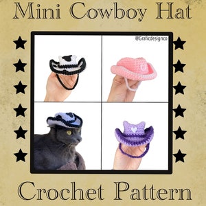 May include: Crochet pattern for a mini cowboy hat. The pattern includes three different colour variations: black and white, pink, and purple. The hats are shown against a white background.