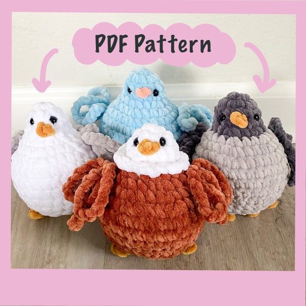 4 in 1 Chonky Birds Crochet Pattern, Pigeon, Seagull, Eagle, Blue Bird, Amigurumi, Low sew