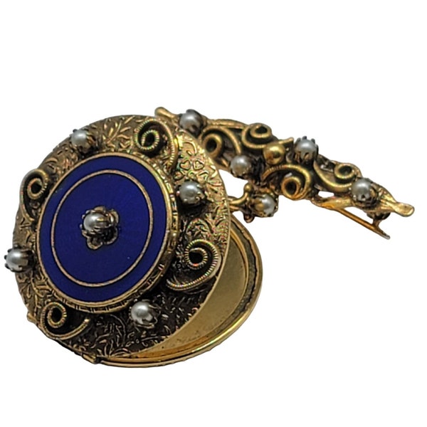 Round Gold Tone & Blue Enamel Dangle Pin Locket Brooch w/Faux Pearls