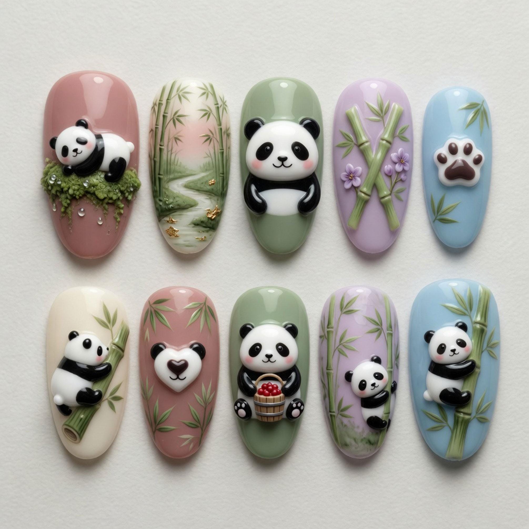 Cute Panda Press on Nails, Bamboo Kawaii Nail Set, Pastel Animal Fake ...