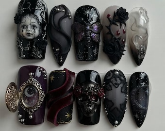 Gothic Skull Rose Press On Nails | 3D Dark Academia Horror Doll Face | Black Luxury Fake Nails