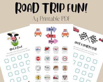 Puede incluir: Cartas de juego de bingo de viaje por carretera imprimibles. Las cartas presentan una vaca, un coche deportivo y una tarjeta de bingo con imágenes de un camión, una motocicleta, un avión, un coche deportivo, una señal de stop, una caravana, una ambulancia, una señal de límite de velocidad, una oveja, una vaca, un caballo, un perro, una señal de tráfico, un tren, una grúa y una señal de ceder el paso. Las cartas tienen casillas en blanco para que los jugadores puedan marcar los elementos que ven en su viaje por carretera.
