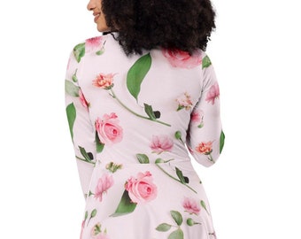 Vestido midi de rosas rosas de talla grande: manga larga con estampado floral