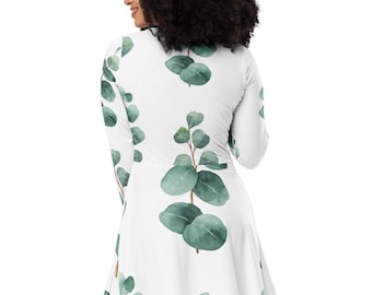 Vestido midi con estampado de hojas verdes: vestido de talla grande con bolsillos y manga larga