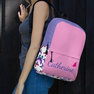 Sac à dos imperméable personnalisé pour la rentrée des filles avec des papillons roses et violets