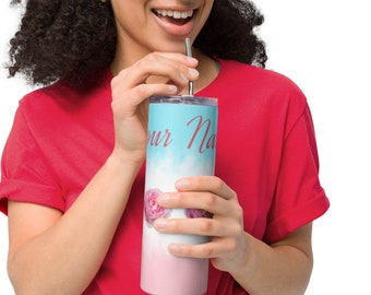 Vaso floral personalizado: taza de viaje de acero inoxidable de 20 oz con pajita