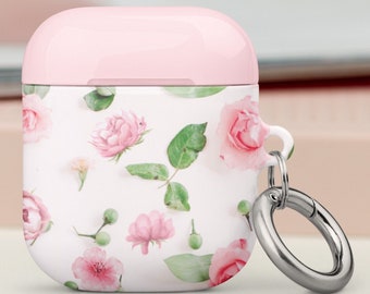 Pink Roses Floral AirPods Case: Protective Polycarbonate with Keychain