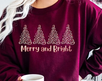 Merry and Bright Christmas Sweater, Unisex Heavy Blend Crewneck Christmas Sweatshirt, Christmas Tree Sweatshirt for Women