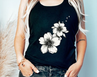 floral Tank Top, Softstyle White Rose Graphic Tee, Floral Top, Women's cute Tank Top,  Aesthetic Shirt.