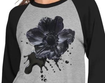 3/4 sleeve raglan watercolor black flower shirt