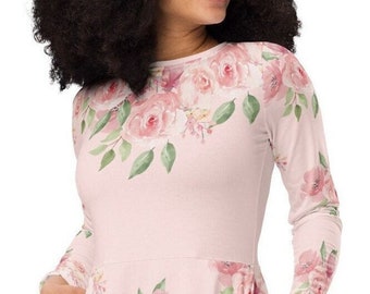 Plus Size Pink Floral print long sleeve midi dress, Modest Pink Floral Shirtdress. Polyester Fit and Flare Oversized Dress
