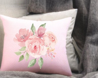 Pink Roses Floral Pillow: Modern Linen Pillow Cover
