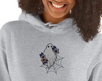 Felpa con cappuccio fantasma ricamata, Halloween floreale, stagione spettrale